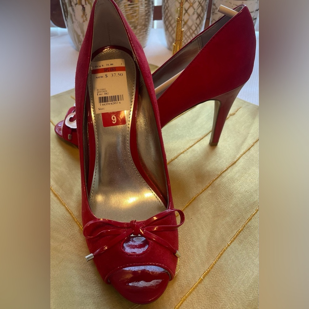 New red suede open tie pumps
